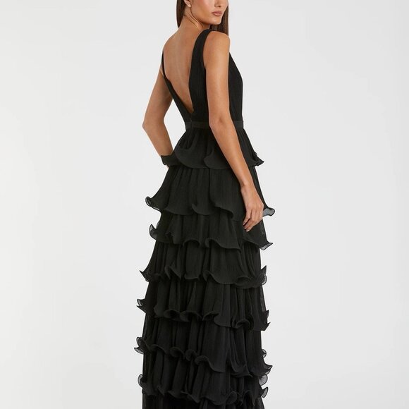 Soft Sage Green Sleeveless Ruffle Tiered V Neck Gown - Picture 12 of 12